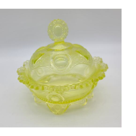 Indiana Tumbler & Goblet Other - Antique Greentown Indiana Tumbler Dewey Vaseline Glass Small Butter w/ Lid MINT